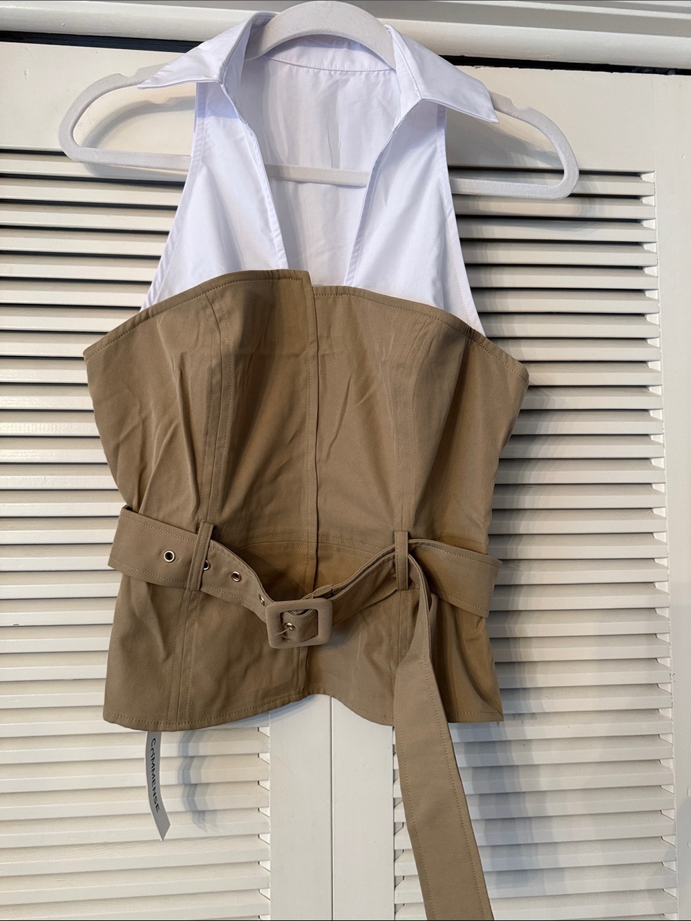 Commense White Halter Camisole with Tan Belted Bustier